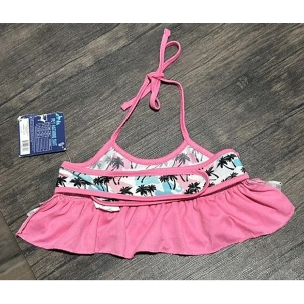 Pink Palm Tree Ruffle Pet Bathing Suit Dog Bikini Swimsuit Medium